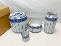 未使用 茶道具 正村千馨造 染付桶側 皆具 底印 杓立て 建水 蓋置 水指 元箱 未使用 茶道具 正村千馨造 染付桶側 皆具 底印 杓立て 建水 蓋置 水指