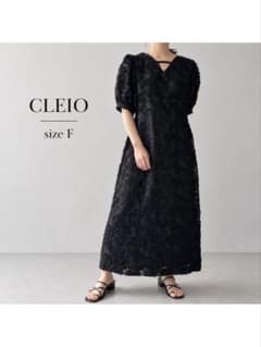 CLEIO パフスリーブ ジャガード ドレス ブラック Fのサムネイル