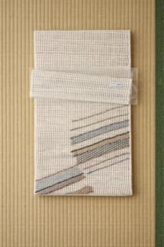 【最終値下げ♡夏帯美品】透け感のある夏八寸帯/ベージュ系 チェック柄のサムネイル