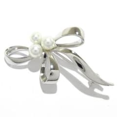 ミキモト mikimoto ブローチ - シルバー×アイボリー リボン 美品