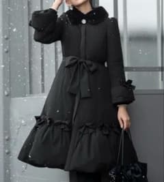 エムズグレイシー リボンAラインロングダウンコート 黒38 取外可