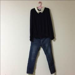 ビジュー付 カットソー&デニムセットのサムネイル