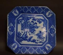 明治期古伊万里焼 大型染付『唐子遊戯祥瑞文』四方隅切角皿/飾り皿★時代物★ 明治期古伊万里焼 大型染付『唐子遊戯祥瑞文』四方隅切角皿/飾り皿