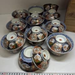 古伊万里 赤絵 蓋茶碗 9点 身2点 直径11.5㎝ 木箱付 東な8-0716①