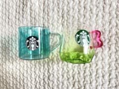 スターバックス ガラスカップ 緑×ピンク＆耐熱グラスマグ オーシャンウェイブ