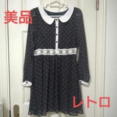 しまむら 襟つき配色レトロワンピース ブラック 黒 レース 膝丈 裏地ありのサムネイル
