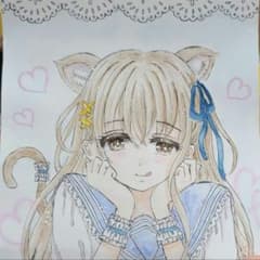 アナログイラスト オリジナル 猫耳 制服の女の子 水彩画 - メルカリ