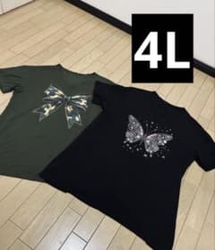 2枚SET 大きいサイズ4L ブラック(黒)濃モスグリーン半袖Tシャツ ロング丈のサムネイル