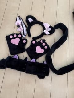 コスプレ 黒猫 猫耳カチューシャ 肉球手袋 尻尾 コスプレセットのサムネイル
