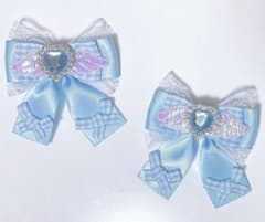 エンジェルリボンヘアクリップ 水色 チェック 量産型ロリィタ推し活ヘアメ天使界隈