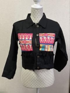 刺繍フリンジ付き デニム黒ジャケットのサムネイル