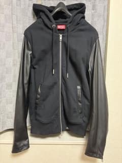 DIESEL 袖フェイクレザー切替 ジップアップパーカー ブラック ダブルジップのサムネイル