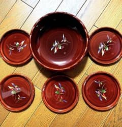 【希少セール】会津塗　会津絵　漆器 盆 菓子鉢　お皿　茶道具　伝統工芸 未使用】会津塗 菓子鉢 銘々皿 5枚セット 金漆 漆器 菓子器 お盆 伝統