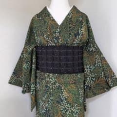 三花】洗える着物 袷 緑 木立 高級ポリエステルお誂え品 リサイクル