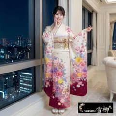 春のプリンセス】成人式♡振袖フルセット 正絹 白×ピンク×桜 トール 