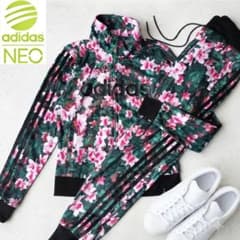 adidas neo ボタニカル柄ジャージセットアップ上下M 華やか派手柄