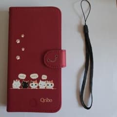 Qribo 手帳型スマホケース 猫柄 レッド ストラップ付のサムネイル