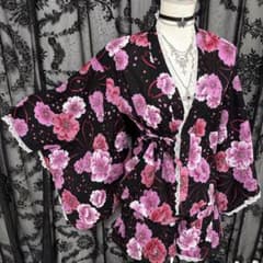 y2k姫ギャル♡甘ロリ♡ローズ×ハート柄 レース付きガーリー甚兵衛 ♡ ♥︎︎∗︎*゜y2k 平成ギャル 甚平 花柄 レース 姫ギャル 2点セット
