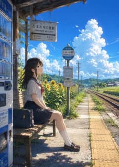 【イラスト】ひまわりの里駅と少女 アートポスターのサムネイル