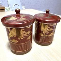 蓋付湯呑 2客セット 朱色 金彩 鶴文様のサムネイル