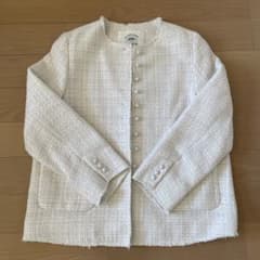 美品】ピュアルセシン ノーカラー ツイードジャケット 白 ホワイト