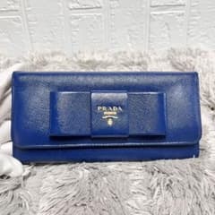 良品　PRADA フィオッコ　メタルロゴ　ネイビー　サフィアーノ　長財布 良品 PRADA フィオッコ メタルロゴ ネイビー サフィアーノ 長財布