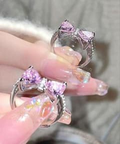 かわいい　リボン　リング　指輪　ピンク　キュービックジルコニア　カフリングのサムネイル