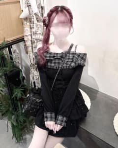 HoneyMew ハニーミュウ チェックビッグリボンオフショルトップス ブラックのサムネイル
