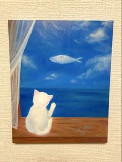 Siki 絵画 猫 魚 空 海 アートパネルのサムネイル