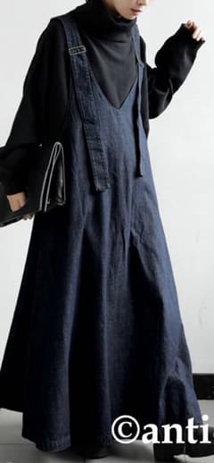 綿100%！女性らしさ溢れるデニムサロペットワンピースのサムネイル