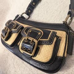 結構綺麗❀COACH コーチ カゴハンドバッグ ストロー レザー　シグネチャー 結構綺麗❀COACH コーチ カゴハンドバッグ ストロー レザー