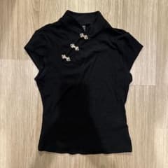 SHEIN チャイナボタン リブ 半袖Tシャツ ブラックのサムネイル
