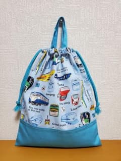 持ち手付き巾着袋  上靴入れ  お寿司屋さんネタ柄×ライトブルー 持ち手付き巾着袋 上靴入れ お道具袋 トレイン 新幹線 電車 ライト