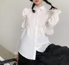 【現品限り】 長袖 シャツ ブラウス バブル袖 ホワイト L おしゃれのサムネイル