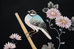 正絹 名古屋帯 黒地 菊の枝に小鳥 手描き - メルカリ