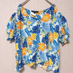 レイチェルロイ ボタニカル柄 ブラウス Vネック パフスリーブ M 青黄橙のサムネイル