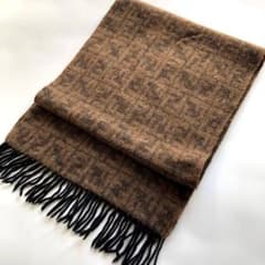 ☆美品☆フェンディ 総柄マフラー ブラウン ズッカ ウール100 フリンジ