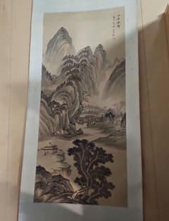 掛軸 「淡彩水墨画 山水風景」中国画 絹本 肉筆 掛け軸 - メルカリ