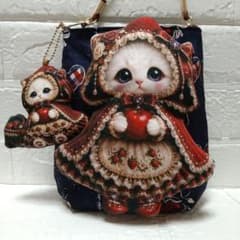 白ねこちゃん☆大きめころりんポーチ　デニム風ハートプリント　赤ずきん 白ねこちゃん☆ころりんサコッシュ デニム風ハートプリント 赤ずきん