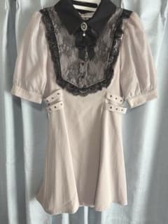 Lace collar, bejeweled short-sleeved dress, ROJITA
