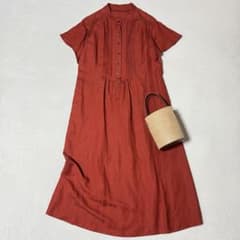 美品 レリアン 洗えるワンピース リネン混ピンタック フレアースリーブ