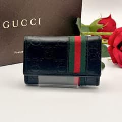 GUCCI グッチ 6連キーケース シマ レザー ブラック シェリーライン