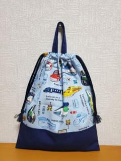 持ち手付き巾着袋 上靴入れ お道具袋 Bトレイン ネイビー 新幹線 電車