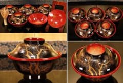 BK509　時代輪島塗　松鶴蒔絵　吸物椀　五客　木製　茶道具 懐石 菓子のサムネイル