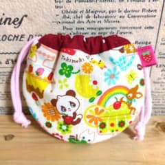 ハンドメイド まるいミニ巾着 (レトロアニマル パンダ アイボリー 花柄