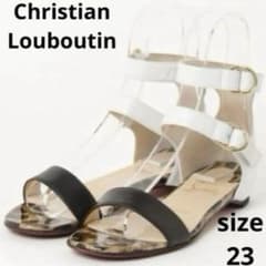 美品 クリスチャンルブタン ストラップフラットサンダル 23 白×黒