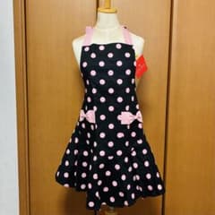 693.エプロン エプロンスタイル 黒 ピンク ドット リボン - メルカリ