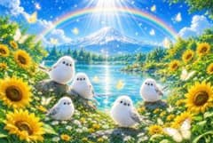 【M】虹色の空を翔ぶ幸運の鳥 幸運を呼ぶひまわりの空 富士山 シマエナガ ひまわり 水面 青空 虹 夏 向日葵 幸運 D295 - メルカリ