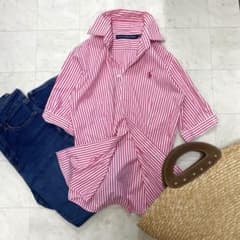 美品】ラルフローレン ピンク×白 ストライプ 半袖シャツ M ホースロゴ
