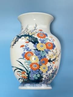 鍋島焼 岳山窯 柴田岳山作 染錦 花瓶 高級美術磁器 陶磁器 未使用品